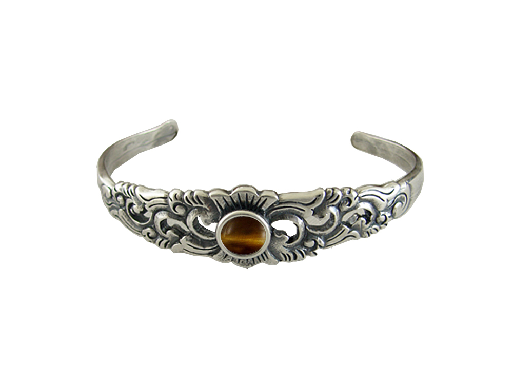 Sterling Silver Detailed Cuff Bracelet With Tiger Eye